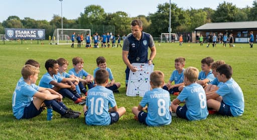 A youth team listening to their coach at the tactical board